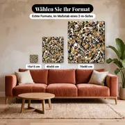 Malen nach Zahlen schwarze Linien und abstrakte Farbspritzer – verfügbare Formate im Größenvergleich zu einem Sofa
