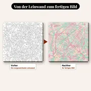 Malen nach Zahlen ineinander verlaufende Pastell-Farbspritzer – vorher und nachher: vorgezeichnete Leinwand und fertiges Gemälde