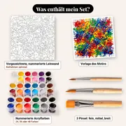 Malen nach Zahlen bunte Farbspritzer – Set-Inhalt: vorgezeichnete Leinwand, Farben, Pinsel