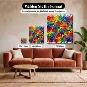 Malen nach Zahlen bunte Farbspritzer – verfügbare Formate im Größenvergleich zu einem Sofa
