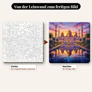 Malen nach Zahlen Moschee mit goldenen Kuppeln und Spiegelung – vorher und nachher: vorgezeichnete Leinwand und fertiges Gemälde