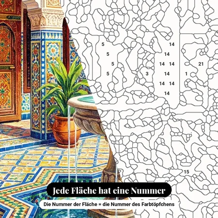 Malen nach Zahlen marokkanischer Innenhof mit Brunnen und Zellige – nummerierte Leinwand zum Malen