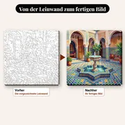 Malen nach Zahlen marokkanischer Innenhof mit Brunnen und Zellige – vorher und nachher: vorgezeichnete Leinwand und fertiges Gemälde