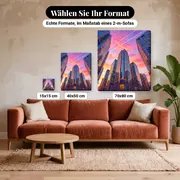 Malen nach Zahlen New Yorker Wolkenkratzer von unten gesehen – verfügbare Formate im Größenvergleich zu einem Sofa