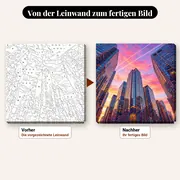 Malen nach Zahlen New Yorker Wolkenkratzer von unten gesehen – vorher und nachher: vorgezeichnete Leinwand und fertiges Gemälde