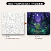 Malen nach Zahlen Wald: Grünes Wesen im Kiefernwald bei Nacht – vorher und nachher: vorgezeichnete Leinwand und fertiges Gemälde