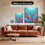 Malen nach Zahlen Korallenriff und tropische Fische – verfügbare Formate im Größenvergleich zu einem Sofa