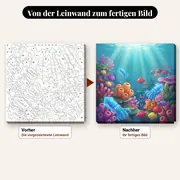Malen nach Zahlen Korallenriff und tropische Fische – vorher und nachher: vorgezeichnete Leinwand und fertiges Gemälde