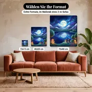 Malen nach Zahlen Vollmond über verschneiten Bergen – verfügbare Formate im Größenvergleich zu einem Sofa