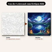 Malen nach Zahlen Vollmond über verschneiten Bergen – vorher und nachher: vorgezeichnete Leinwand und fertiges Gemälde