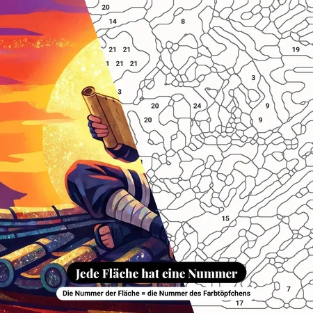 Malen nach Zahlen maskierter Ninja liest auf einem Dach – nummerierte Leinwand zum Malen