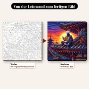 Malen nach Zahlen maskierter Ninja liest auf einem Dach – vorher und nachher: vorgezeichnete Leinwand und fertiges Gemälde
