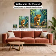 Malen nach Zahlen Löwenjunges, Warzenschwein und Erdmännchen im Dschungel – verfügbare Formate im Größenvergleich zu einem Sofa