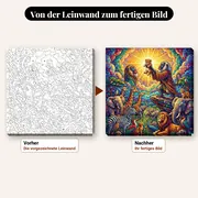 Malen nach Zahlen Affe: Pavian und Löwenjunges in der Savanne – vorher und nachher: vorgezeichnete Leinwand und fertiges Gemälde