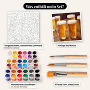 Malen nach Zahlen goldene Bierkrüge auf einem Holztisch – Set-Inhalt: vorgezeichnete Leinwand, Farben, Pinsel
