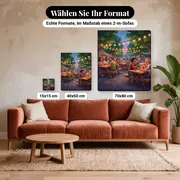 Malen nach Zahlen Bier unter Freunden im Garten – verfügbare Formate im Größenvergleich zu einem Sofa