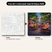Malen nach Zahlen Bier unter Freunden im Garten – vorher und nachher: vorgezeichnete Leinwand und fertiges Gemälde