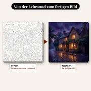 Malen nach Zahlen beleuchteter Pub bei Nacht im Regen – vorher und nachher: vorgezeichnete Leinwand und fertiges Gemälde