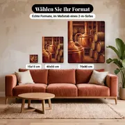 Malen nach Zahlen Craft-Brauerei mit Kupferkesseln – verfügbare Formate im Größenvergleich zu einem Sofa