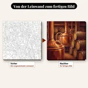 Malen nach Zahlen Craft-Brauerei mit Kupferkesseln – vorher und nachher: vorgezeichnete Leinwand und fertiges Gemälde