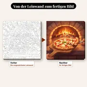 Malen nach Zahlen Essen: Pizza aus dem Holzofen – vorher und nachher: vorgezeichnete Leinwand und fertiges Gemälde