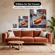 Malen nach Zahlen Hot Dog am New Yorker Straßenstand – verfügbare Formate im Größenvergleich zu einem Sofa