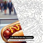 Malen nach Zahlen Hot Dog am New Yorker Straßenstand – Nahaufnahme der nummerierten Leinwand