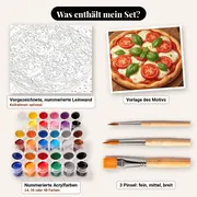 Malen nach Zahlen Pizza Margherita auf Holzbrett – Set-Inhalt: vorgezeichnete Leinwand, Farben, Pinsel
