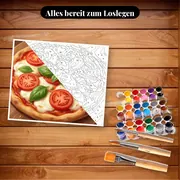Malen nach Zahlen Pizza Margherita auf Holzbrett – Set bereit zum Loslegen auf dem Tisch