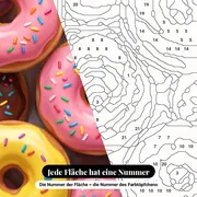 Malen nach Zahlen Essen: Tablett mit bunten Donuts – Nahaufnahme der nummerierten Leinwand