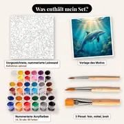 Malen nach Zahlen Delfin unter der Wasseroberfläche – Set-Inhalt: vorgezeichnete Leinwand, Farben, Pinsel