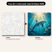 Malen nach Zahlen Delfin unter der Wasseroberfläche – vorher und nachher: vorgezeichnete Leinwand und fertiges Gemälde