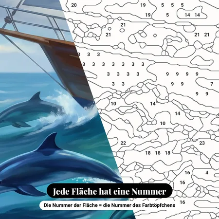 Malen nach Zahlen Delfine und Segelboot auf der Welle – nummerierte Leinwand zum Malen