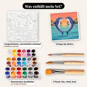 Malen nach Zahlen Delfine in Herzform – Set-Inhalt: vorgezeichnete Leinwand, Farben, Pinsel