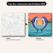 Malen nach Zahlen Delfine in Herzform – vorher und nachher: vorgezeichnete Leinwand und fertiges Gemälde
