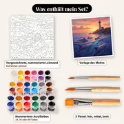 Malen nach Zahlen Delfine vor einem Leuchtturm bei Sonnenaufgang – Set-Inhalt: vorgezeichnete Leinwand, Farben, Pinsel