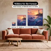 Malen nach Zahlen Delfine vor einem Leuchtturm bei Sonnenaufgang – verfügbare Formate im Größenvergleich zu einem Sofa