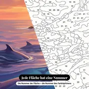 Malen nach Zahlen Delfine vor einem Leuchtturm bei Sonnenaufgang – Nahaufnahme der nummerierten Leinwand