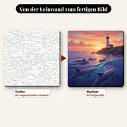 Malen nach Zahlen Delfine vor einem Leuchtturm bei Sonnenaufgang – vorher und nachher: vorgezeichnete Leinwand und fertiges Gemälde