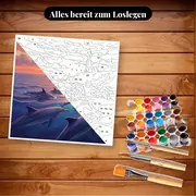 Malen nach Zahlen Delfine vor einem Leuchtturm bei Sonnenaufgang – Set bereit zum Loslegen auf dem Tisch