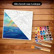 Malen nach Zahlen Delfine unter einem Meeres-Regenbogen – Set bereit zum Loslegen auf dem Tisch