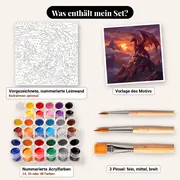 Malen nach Zahlen roter Drache auf dem Gipfel – Set-Inhalt: vorgezeichnete Leinwand, Farben, Pinsel