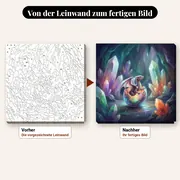 Malen nach Zahlen Baby-Drache in Kristallhöhle – vorher und nachher: vorgezeichnete Leinwand und fertiges Gemälde