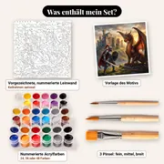 Malen nach Zahlen Drache und Ritter vor dem Schloss – Set-Inhalt: vorgezeichnete Leinwand, Farben, Pinsel