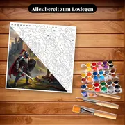 Malen nach Zahlen Drache und Ritter vor dem Schloss – Set bereit zum Loslegen auf dem Tisch