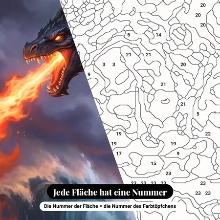 Malen nach Zahlen schwarzer feuerspeiender Drache über stürmischem Meer – nummerierte Leinwand zum Malen