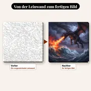 Malen nach Zahlen schwarzer feuerspeiender Drache über stürmischem Meer – vorher und nachher: vorgezeichnete Leinwand und fertiges Gemälde
