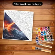 Malen nach Zahlen schwarzer feuerspeiender Drache über stürmischem Meer – Set bereit zum Loslegen auf dem Tisch