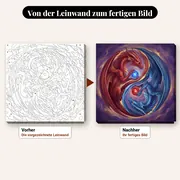 Malen nach Zahlen zwei Drachen im Yin-Yang-Kreis – vorher und nachher: vorgezeichnete Leinwand und fertiges Gemälde