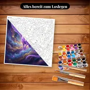 Malen nach Zahlen violetter Kristalldrache in der Galaxie – Set bereit zum Loslegen auf dem Tisch